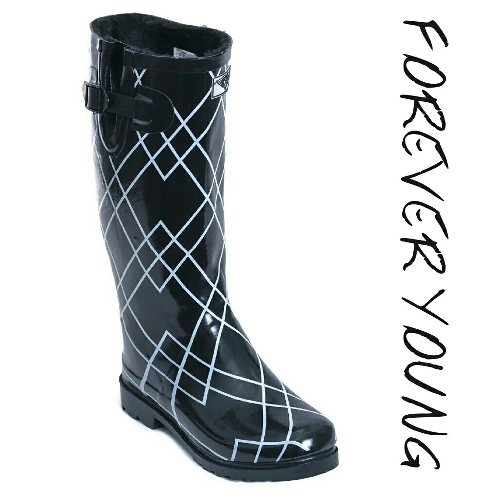 Women's Rainboots, Tall Faux Fur Lined Rain Boots, #1529 Black, Size 6